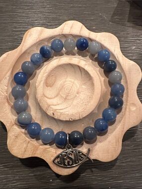 Blue Agate Beaded Bracelet with Jesus Fish Charm